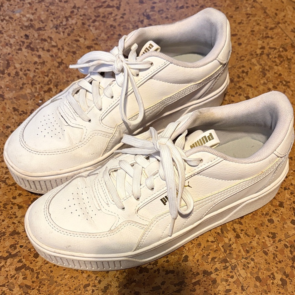 Puma White Leather Platform Sneakers with Gold Accents